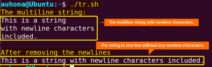Removes the newline characters from a string using "tr" command.