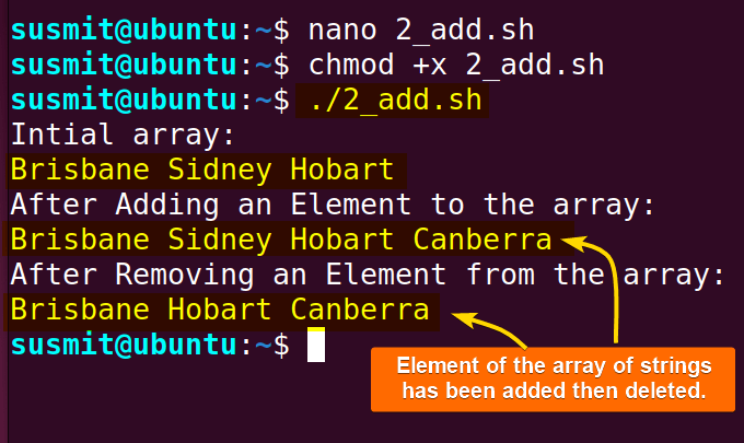 Bash script has added an element to the array then deleted another element from the array.