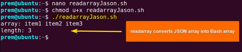 readarray command to converts json array to bash array