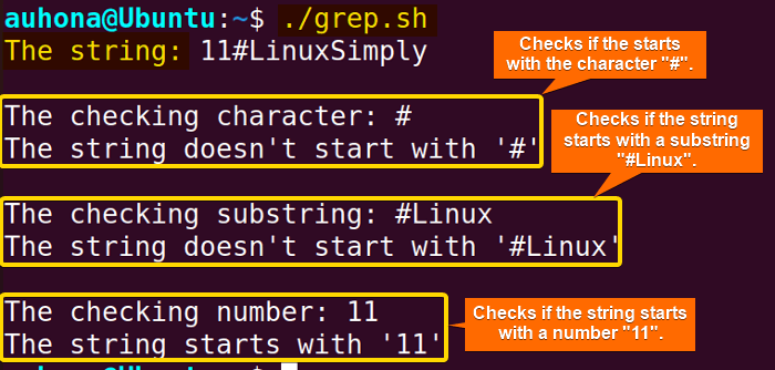 Checking if string starts with some value using "grep" command.