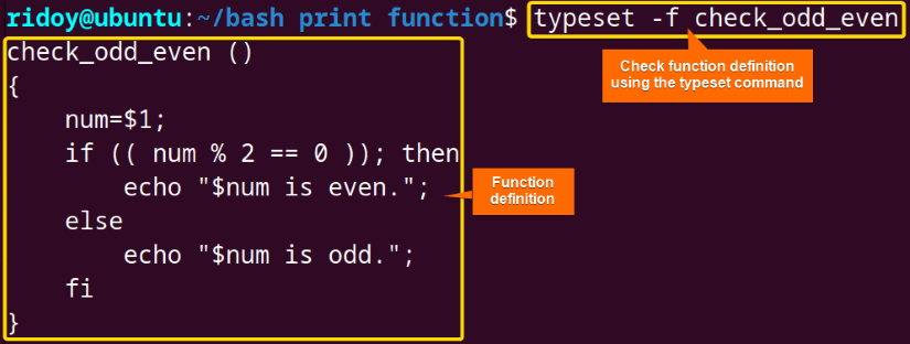 print the shell function definition using the typeset command