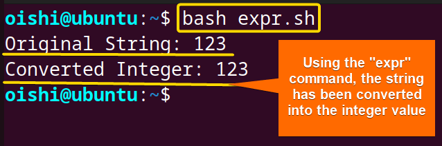 Using the expr command, a string has been converted to int