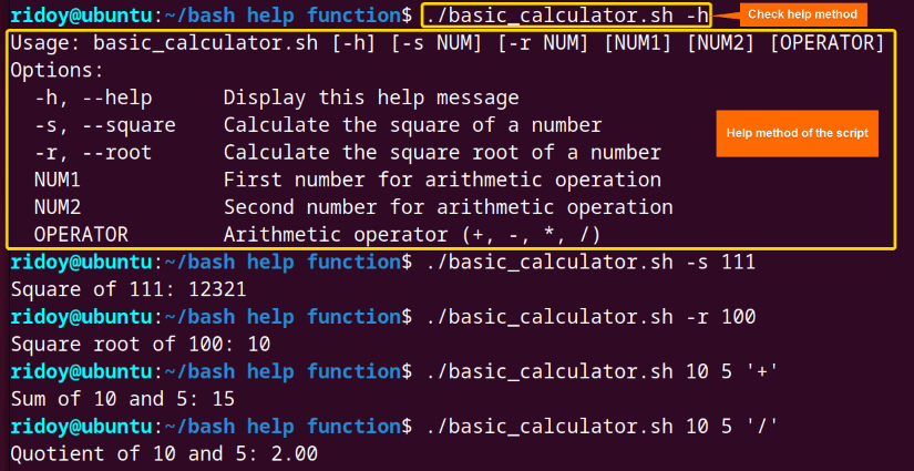 In bash scripting add the help method within a function using conditional statement