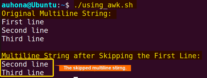 In bash, skip the first line of multiline string using the "awk" command.
