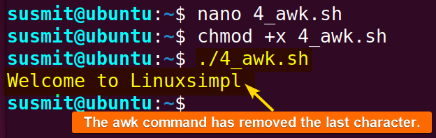 The awk command has removed the last character from bash string.