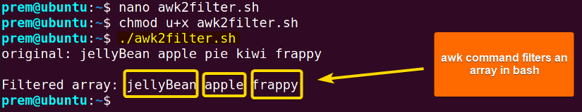 bash filter array with awk command