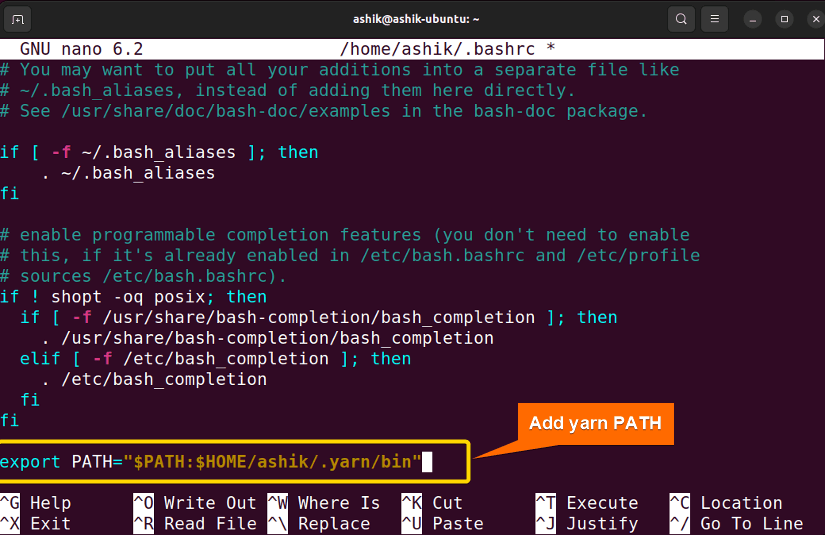 adding yarn path variable to bashrc file