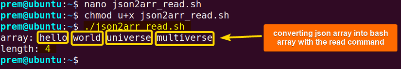 bash json to array with read command