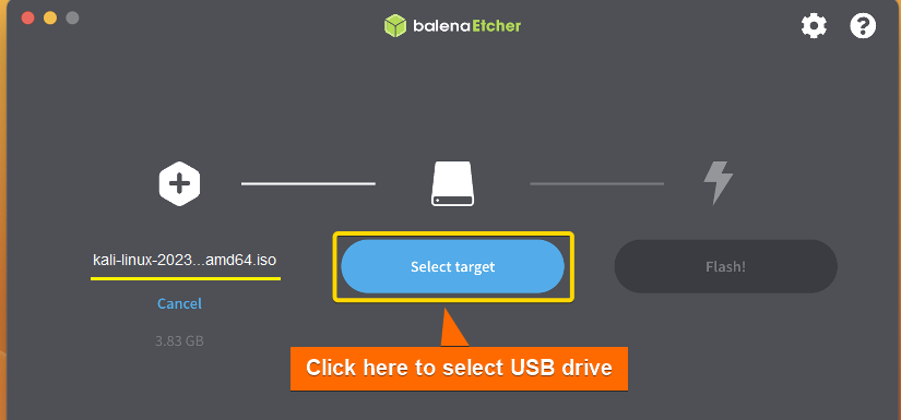 Clicking on select target to select USB drive