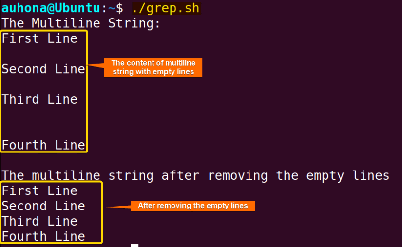 Bash remove the empty lines using "grep" command.