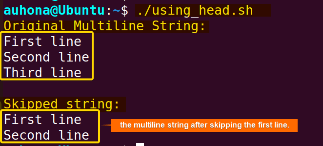 Skip the first line of a multiline string using the "head" command.