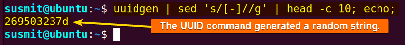 The uuidgen command has generated a random string.