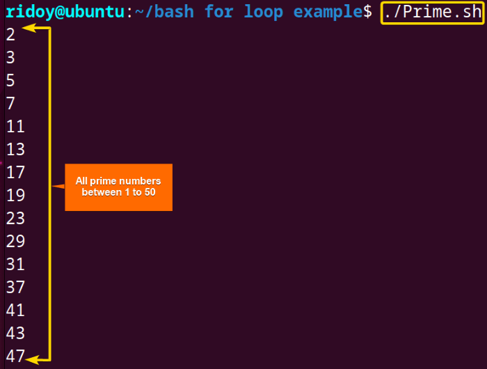 list all prime numbers of a given range using the bash for loop