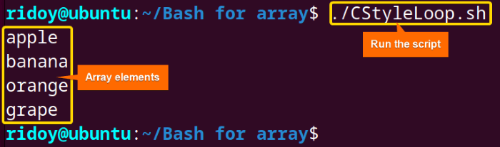 C-style for loop iterates over all elements of an array and prints them into the terminal