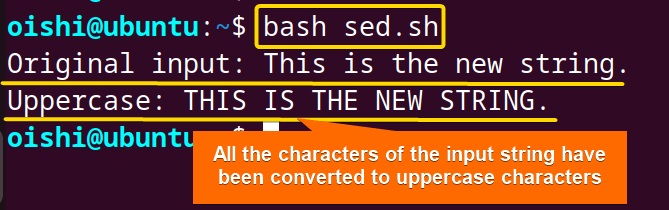 Converting bash string to uppercase using sed command