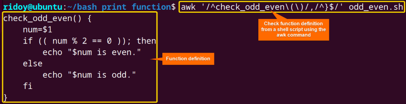 check the bash script function's definition using the awk command