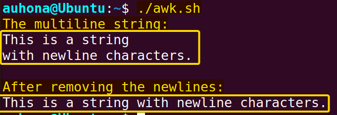 Delete the newline characters from string using the "awk" command.