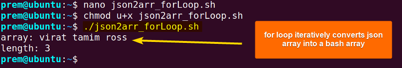 bash json to array with for loop