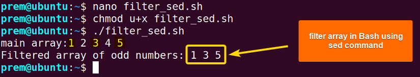 bash filter array with sed command