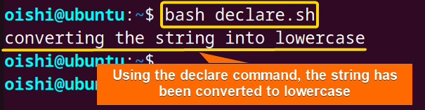 Using the declare command with -l option to convert to lowercase
