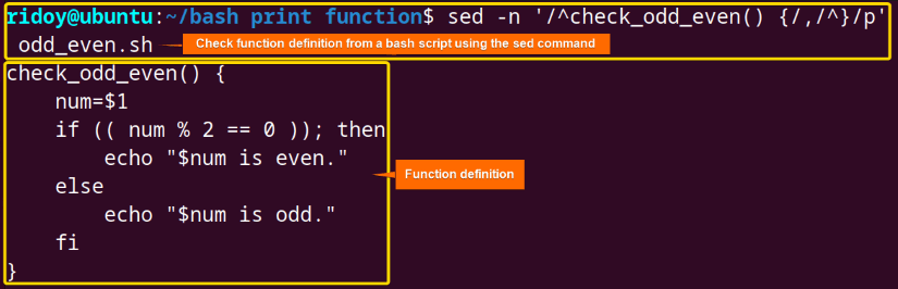 check the bash script function's definition using the sed command