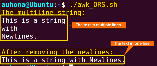 Remove the newline characters from string using "awk" with the "ORS" variable.