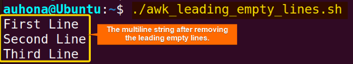 Removes the leading empty lines from a multiline string using the "awk" command.