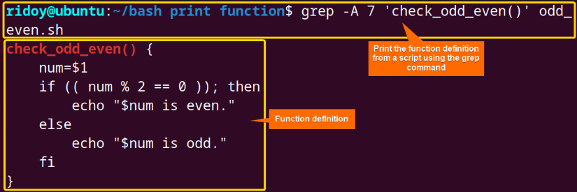 check the bash script function's definition using the grep command