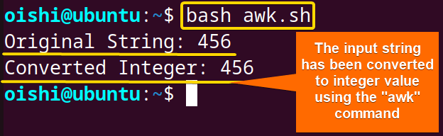Using the awk command convert the string into integer in bash