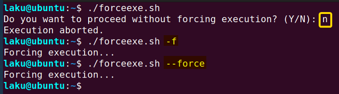 force execution using options in Bash script