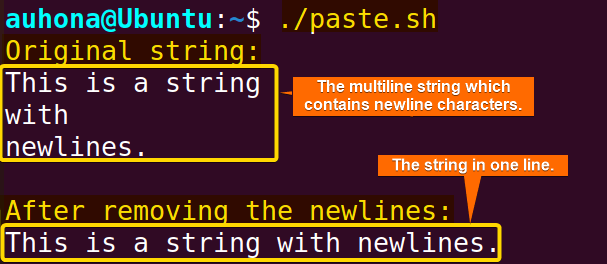 Remove the newlines characters from string using the "paste" command.