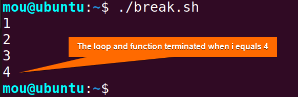 exit bash function using break command