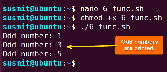 Odd numbers are printed on the terminal using function and continue statemet inside the bash loop.