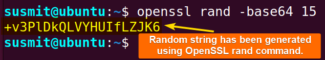 The openssl rand command has generated a random string.