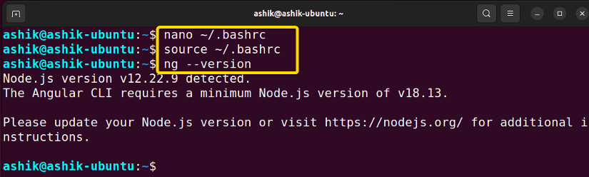 executing bashrc file and checking ng version