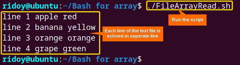 all lines of a text file is echoed in the terminal using for loop and mapfile command