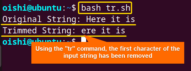 Removing the first character from a bash string using tr command