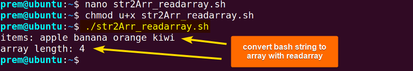 string to array by readarray command 