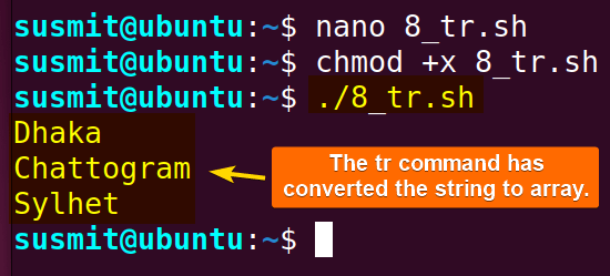 The tr command has converted the string to array.