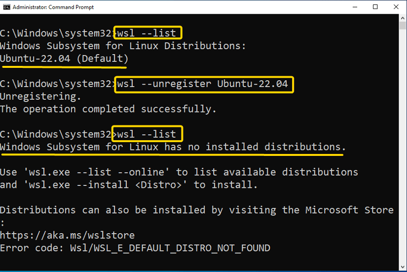 Executing wsl --unregister command to uninstall ubuntu