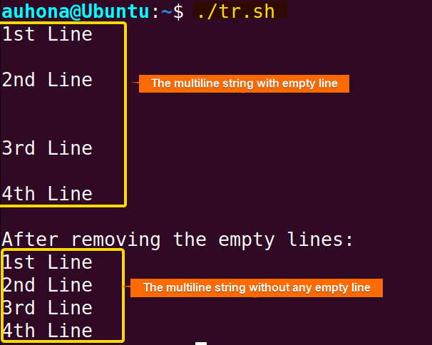 Bash remove the empty lines using the "tr" command.