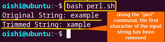 Removing the first character from an input string in bash using perl command