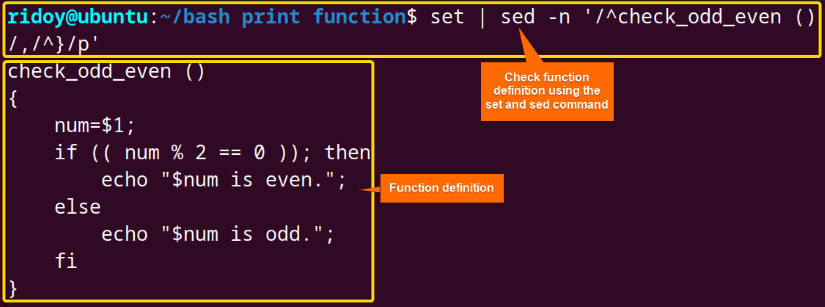 print the shell function definition using the set and the sed command