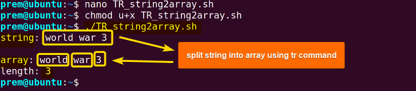 tr command splits string to array