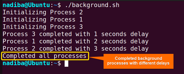 Completed multiple background processes with different delays using "sleep" command in Bash