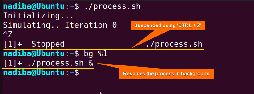 Controlling process states using "bg" command