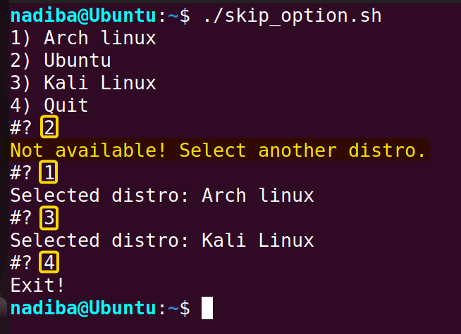 Skipping specific options using 'select' loop in Bash