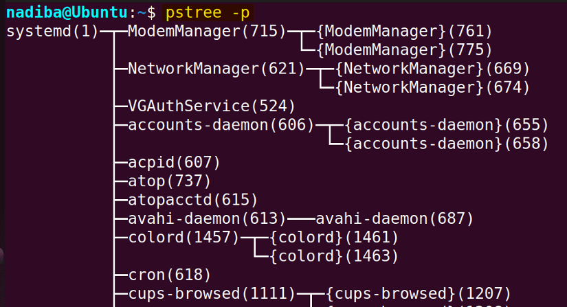 Listing processes in hierarchical format using "pstree" command