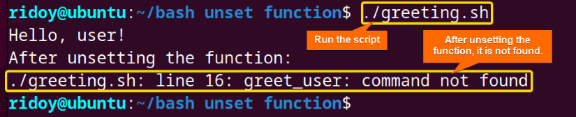 remove bash function using unset command in bash scripting 