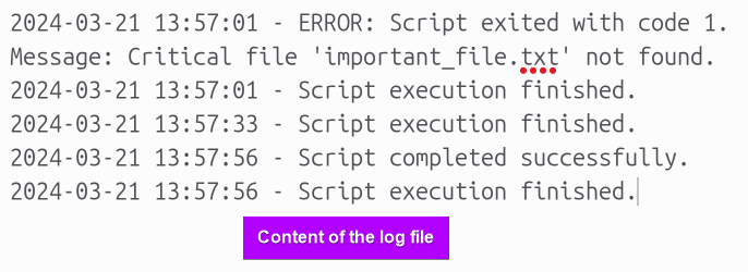 a log file containing error information and code status information before script terminates